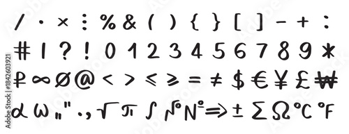 Scribble black special math symbols, numbers and signs. Symbols are handwritten characters from the keyboard