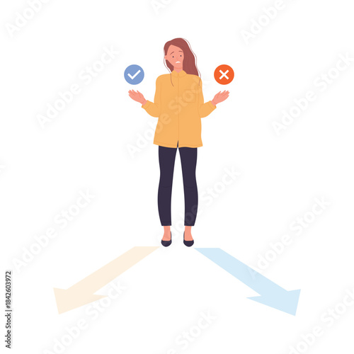 Woman holding check mark and cross to choose between two options vector illustration