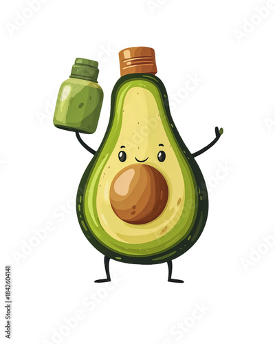 Cute Avocado Fitness Character with Smoothie – Minimal Gen Z Wellness PNG Illustration