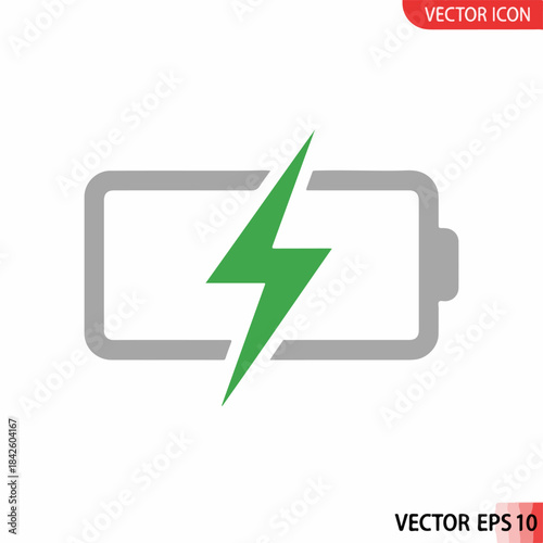 Dynamic graphic illustration of a universal battery charging icon, featuring a bright green lightning bolt to signify power, energy, and optimal charge status for electronic devices