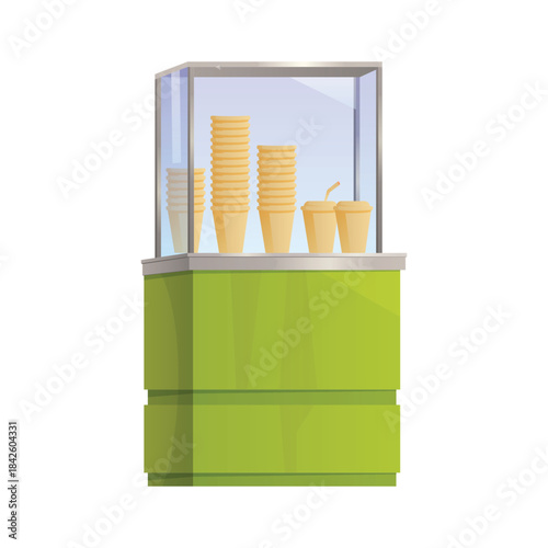 Bar counter or street stall for selling takeaway coffee in paper or plastic cups vector illustration