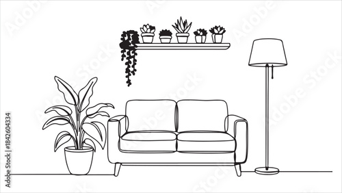 Minimalist line art illustration of living room with sofa and plants