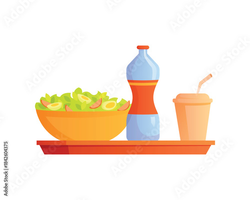 Plastic tray with food for lunch or dinner in cafe, plate with salad and drink vector illustration
