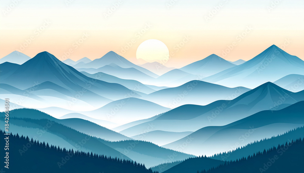 Obraz premium Flat Mountain Sunrise Landscape with Mist Vector Illustration