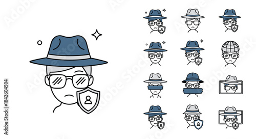 A collection of anonymous user icons featuring a character in a hat and glasses, symbolizing concepts like online privacy, incognito mode, and data security.