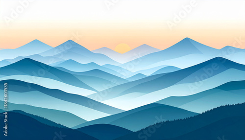 Flat Mountain Sunrise Landscape with Mist Vector Illustration