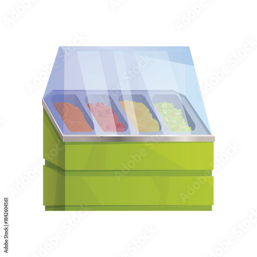 Containers with food on glass counter in school canteen or cafe vector illustration