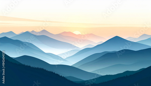 Flat Mountain Sunrise Landscape with Mist Vector Illustration