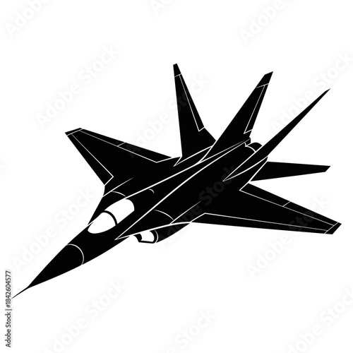 Sleek Black Fighter Jet Silhouette Flying Through Sky.