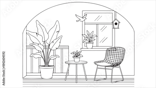 Minimalist line art illustration of cozy living room interior scene