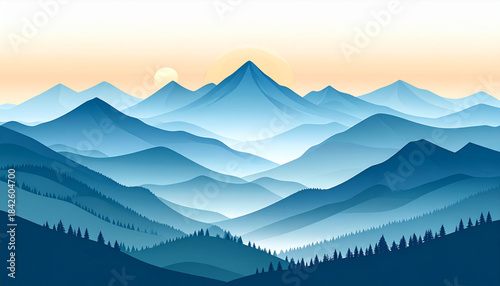 Flat Mountain Sunrise Landscape with Mist Vector Illustration