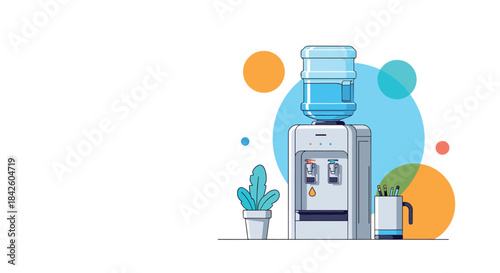 A modern flat illustration of an office water cooler with a plant and cups, set against abstract colorful circles and providing ample copy space for text.