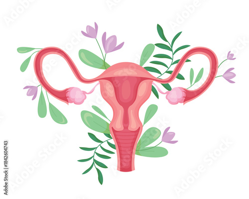 Female reproductive organs in blooming flowers and leaves vector illustration