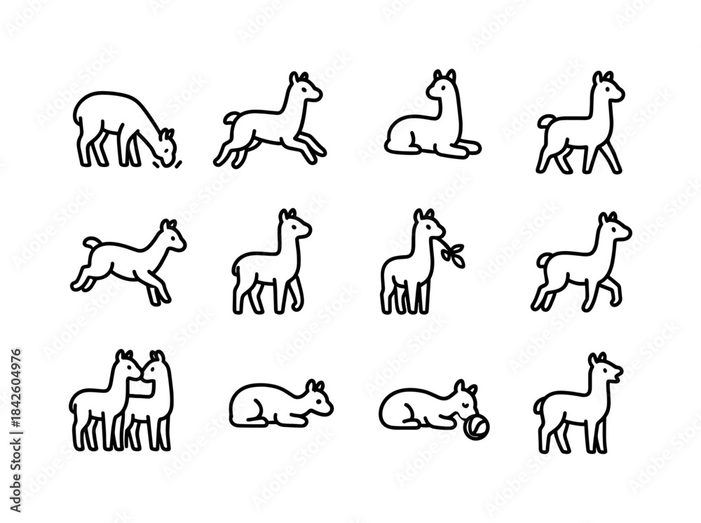 Naklejka premium Alpaca Activity Icons. Alpaca activities. Line icon set of Alpac