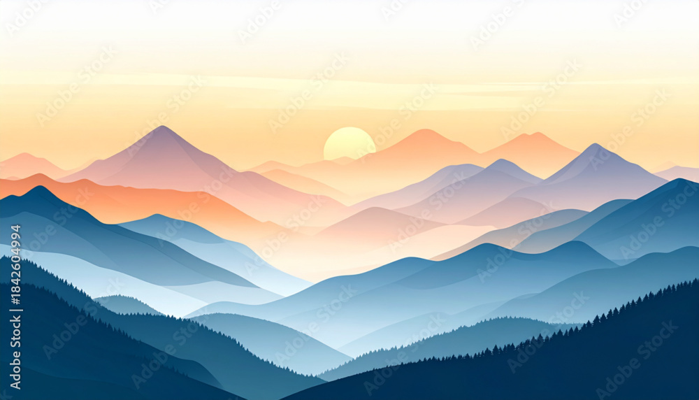 Obraz premium Flat Mountain Sunrise Landscape with Mist Vector Illustration