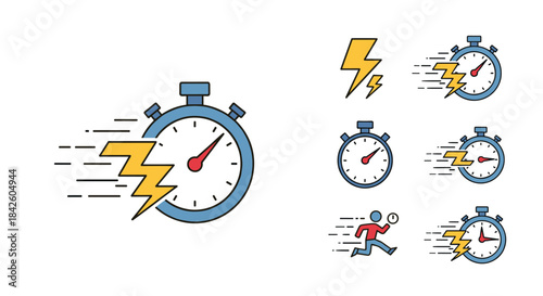 A collection of icons representing speed and urgency, featuring a stopwatch with motion lines, a lightning bolt, and a running person.