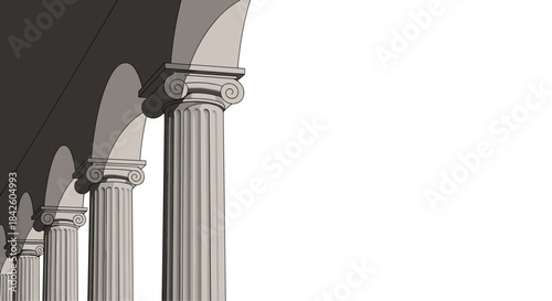 A detailed illustration of a classical colonnade with ionic columns receding into the distance, creating a sense of depth and architectural grandeur.