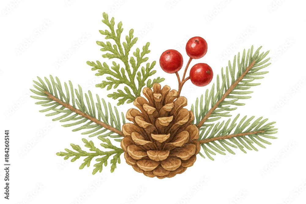 Fototapeta premium Pinecone and evergreen branches with red berries for winter holiday decoration and christmas greeting designs