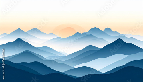 Flat Mountain Sunrise Landscape with Mist Vector Illustration