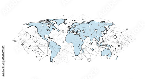 A world map illustration with a network of connecting lines and dots, representing global business, communication, and technology networks.