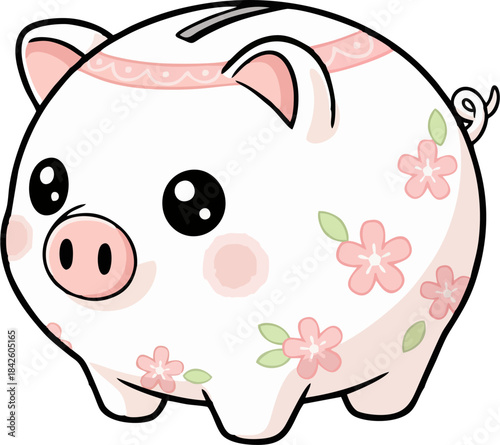 Cute white piggy bank with pink flowers, kawaii savings illustration