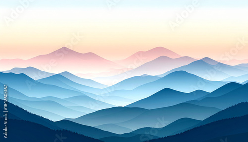 Flat Mountain Sunrise Landscape with Mist Vector Illustration