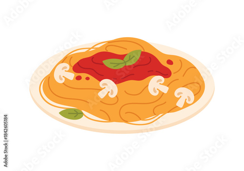 Plate of vegetarian pasta, spaghetti with tomato sauce, basil leaf and mushroom slices vector illustration