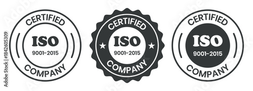 ISO 9001-2015 Certified Company Stamp. Quality Assurance and Compliance Certification Logo for Business and Manufacturing. ISO 9001-2015 Certified Company badge, flat vector, isolated illustration.