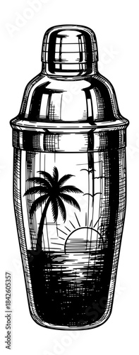 Cocktail Shaker with Tropical Sunset and Palm Tree Scene. Hand Drawn Ink Illustration in Vintage Engraving Style.