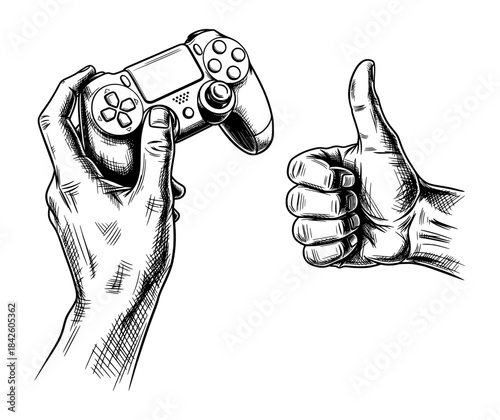 Hand Holding Video Game Controller and Giving Thumbs up Gesture. Vintage Ink Sketch Illustration with Detailed Hatching.