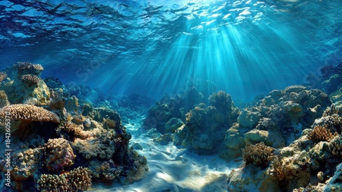 Fototapeta Naklejka Na Ścianę i Meble -  Vibrant underwater coral reef scene with light rays streaming down