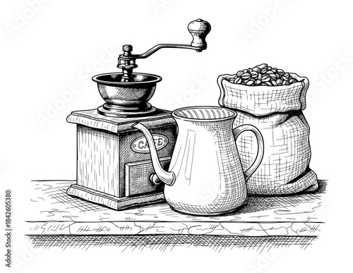 Manual Coffee Grinder with Pot and Beans on Table. Hand Drawn Ink Illustration in Vintage Sketch Style.