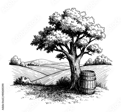 Tree and Barrel in Countryside Field. Hand Drawn Ink Illustration in Vintage Engraving Style.