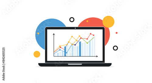 A laptop screen displaying various business charts and graphs, representing data analysis, financial reporting, and market research in a modern flat design.