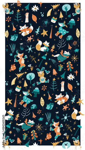 Motif répétitif de sapins et éléments festifs stylisés – Fond créatif pour Noël, décorations et designs saisonniers