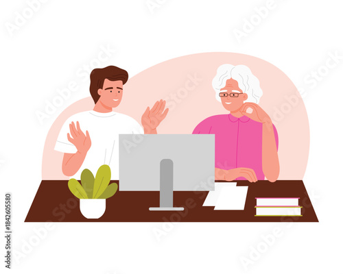 Young man helping elderly woman use computer, grandson teaching grandma vector illustration