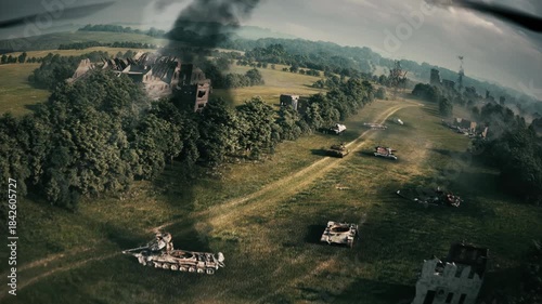 POV: drone attacks a military tank on the battlefield. Military tank being destroyed by drone. 3d render