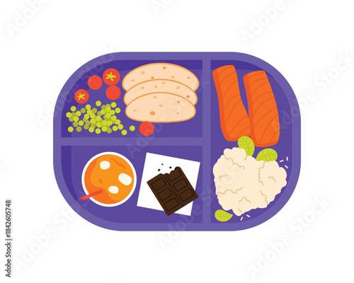 Purple plastic tray with healthy lunch food, top view of plate with salmon and rice vector illustration