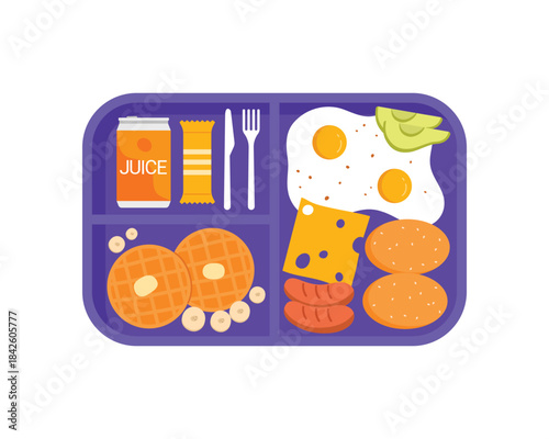 Purple plastic tray with morning food, top view of breakfast with fried eggs and waffles vector illustration