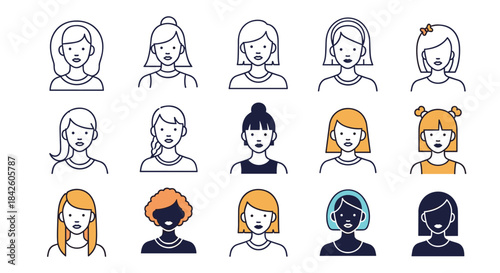 A collection of diverse female avatars with various hairstyles and skin tones, representing different women for user profiles in a modern line art style.