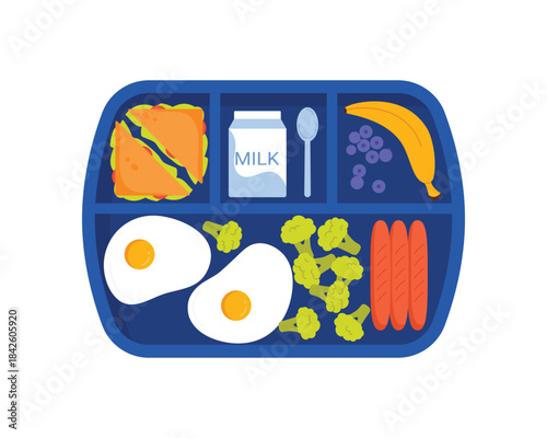 Blue plastic tray with food, top view of breakfast or lunch in cafeteria vector illustration