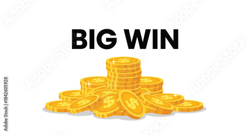 A pile of golden coins with dollar signs and the text "Big Win," illustrating success, wealth, and winning a jackpot in a casino or lottery.