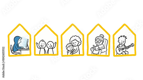 Home Life Activity Vector Set – Family, Children, Elderly, Remote Work, Music, Caregiving for Education, Wellness, Community, and Inclusive Design Projects