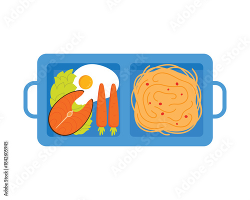 Blue plastic tray with handles, pasta and salmon steak, top view of lunch food in box vector illustration