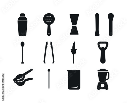 Bar Tools Icon Set. Bar tools. Solid icon set of bar tools: shak