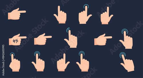 A large set of pixelated hand cursor icons, showing various gestures like pointing and tapping, for user interface design on a dark background.