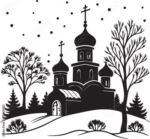 Minimal black silhouette Orthodox church with onion domes and cross on white background, simple clean lines, winter Christmas religious vector illustration
