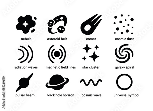 Black Cosmic Icons. Cosmic environments. Solid icon set of Cosmi