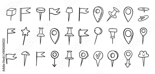 Pins hand drawn doodle set. Pin line drawing style for planner or map. Pins variable icons