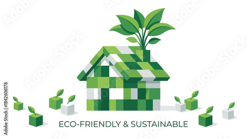 Sustainable Living House Vector – Green Eco-Friendly Home with Plant, Block Construction, Environmental Design for Clean Energy, Green Building, and Lifestyle Awareness Projects